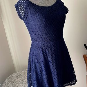 Navy " Lacey knit"  overlay flared mini dress Sz L